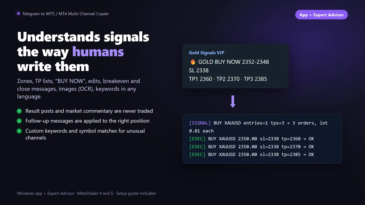 How the copier parses a Telegram trading signal into orders
